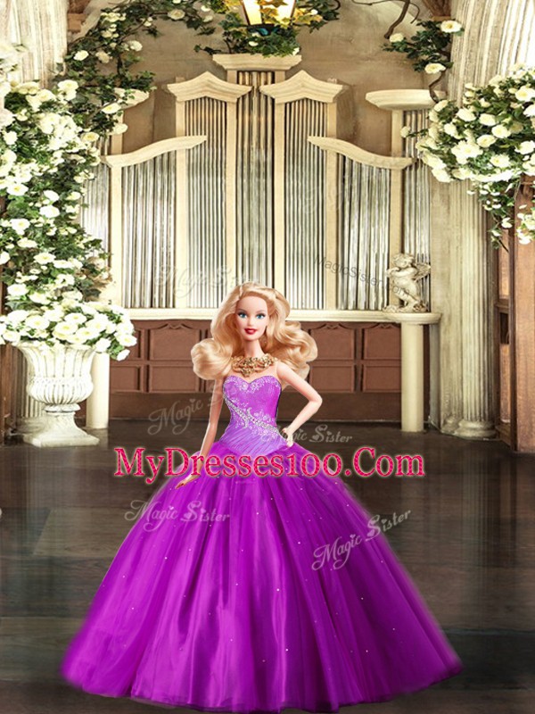 Most Popular Purple Ball Gowns Tulle Sweetheart Sleeveless Beading and Ruching Floor Length Lace Up 15 Quinceanera Dress