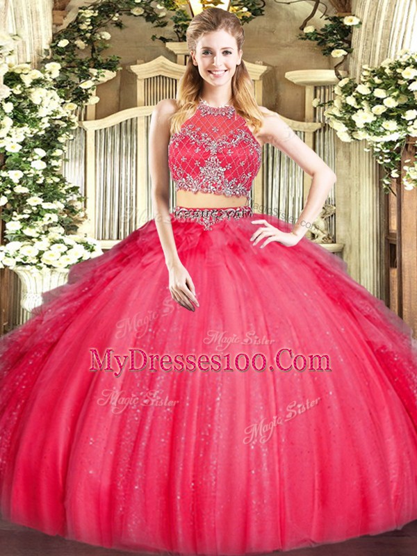 Latest Tulle Scoop Sleeveless Zipper Beading and Ruffles Quince Ball Gowns in Red