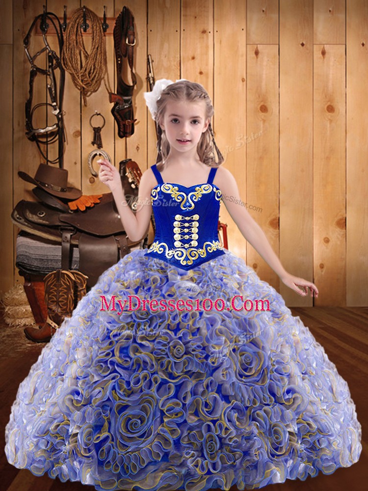 Fabric With Rolling Flowers Straps Sleeveless Lace Up Embroidery and Ruffles Pageant Gowns For Girls in Multi-color