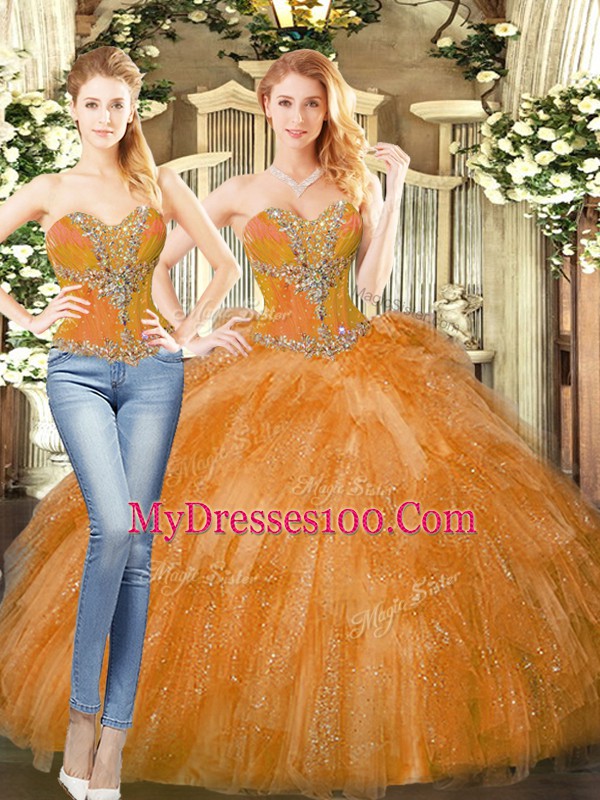 Graceful Organza Sweetheart Sleeveless Lace Up Beading and Ruffles Sweet 16 Dress in Orange Red