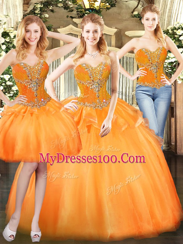 Discount Floor Length Lace Up Ball Gown Prom Dress Orange Red for Military Ball and Sweet 16 and Quinceanera with Beading and Ruffles