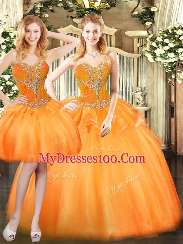 Discount Floor Length Lace Up Ball Gown Prom Dress Orange Red for Military Ball and Sweet 16 and Quinceanera with Beading and Ruffles