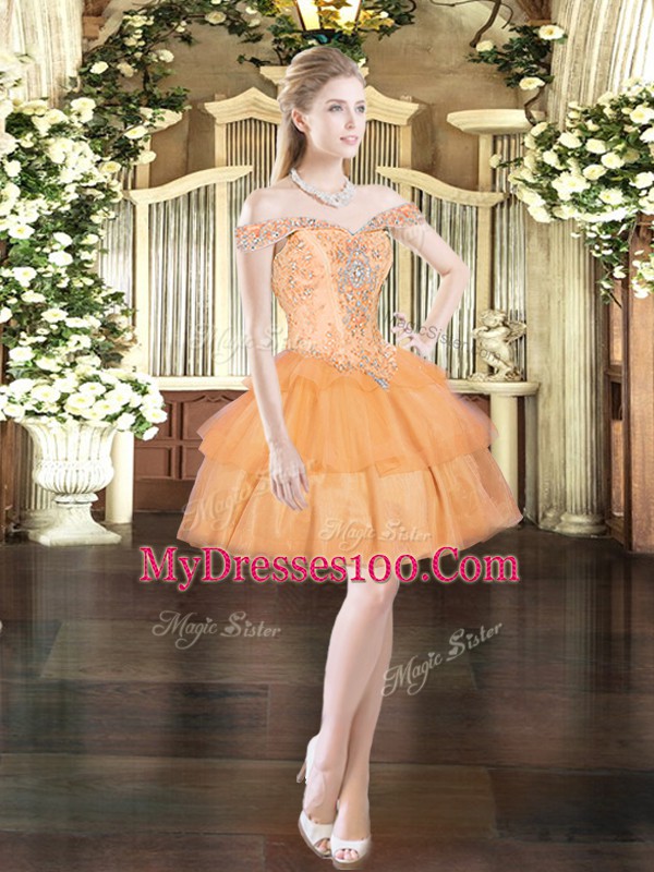 Orange Red Off The Shoulder Neckline Beading and Ruffled Layers Homecoming Dress Sleeveless Lace Up