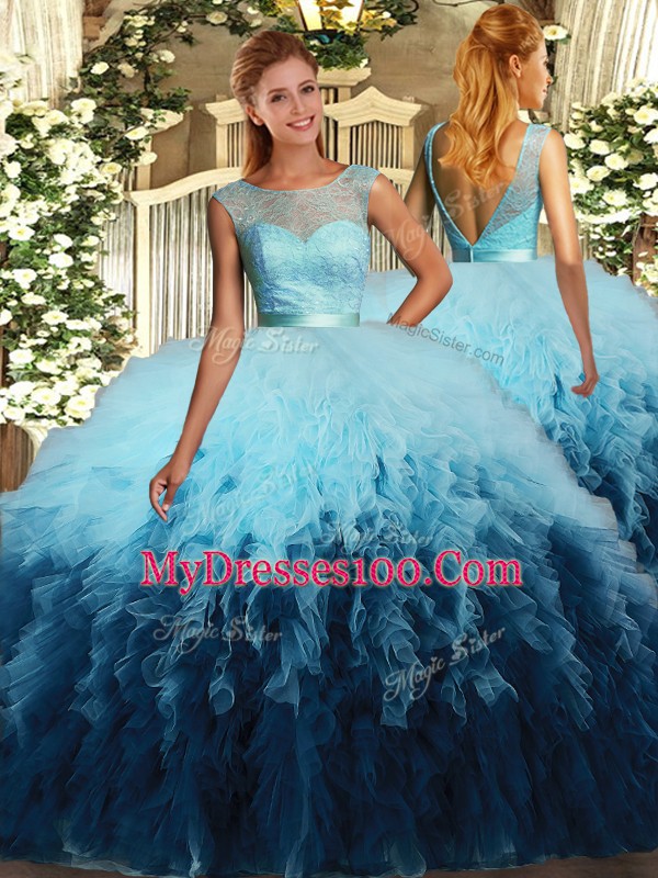Multi-color Ball Gowns Scoop Sleeveless Organza Floor Length Backless Ruffles Quinceanera Dresses