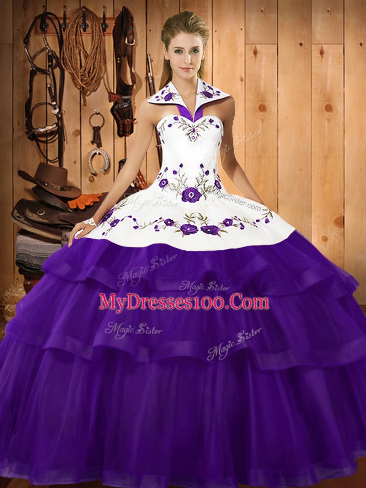 Sleeveless Embroidery and Ruffled Layers Lace Up Sweet 16 Dresses with Purple Sweep Train