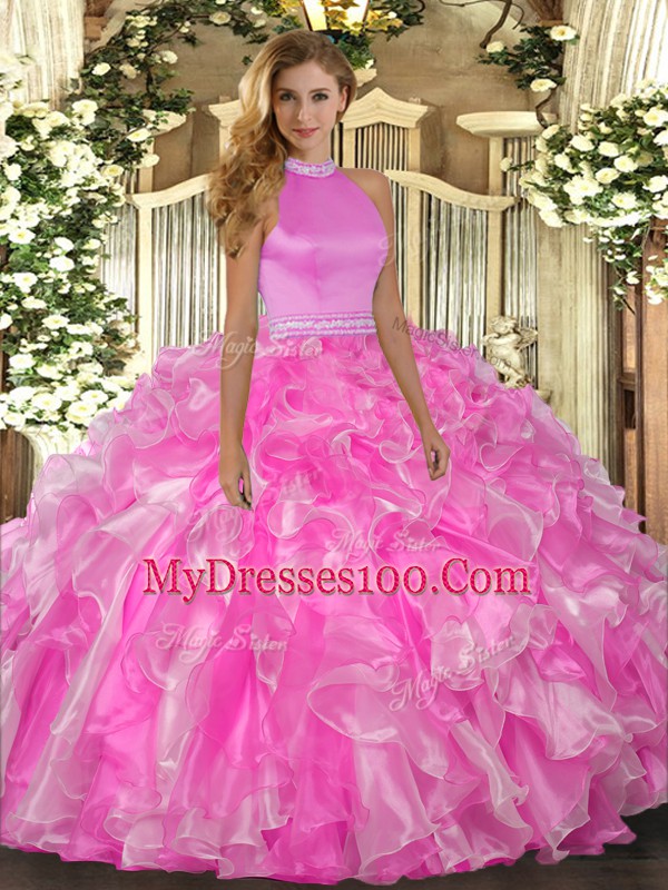 Super Rose Pink Ball Gowns Halter Top Sleeveless Organza Floor Length Backless Beading and Ruffles Vestidos de Quinceanera