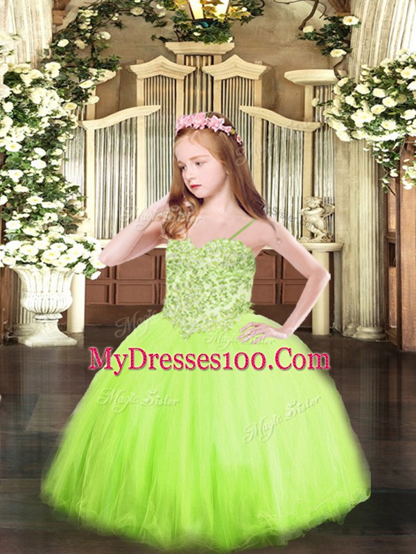 Fancy Yellow Green Ball Gowns Spaghetti Straps Sleeveless Tulle Floor Length Lace Up Appliques Little Girl Pageant Gowns