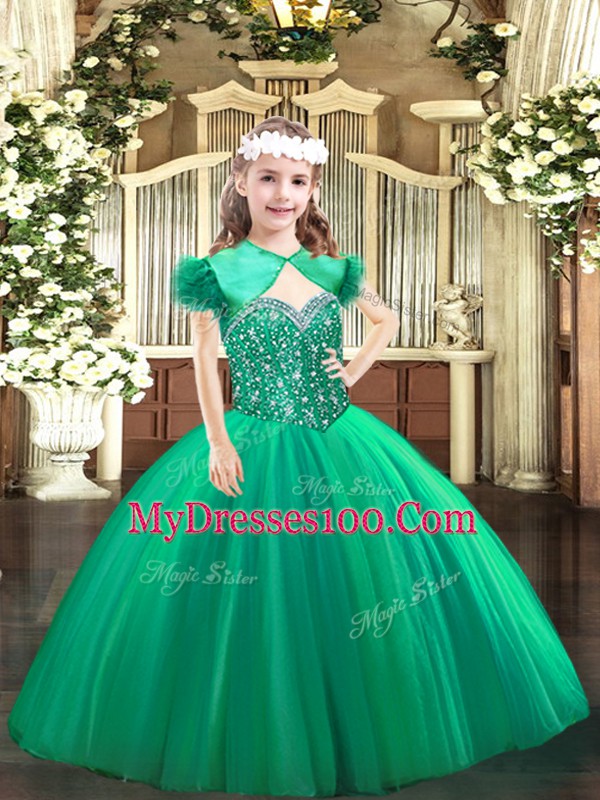 Simple Turquoise Ball Gowns Tulle Straps Sleeveless Beading Floor Length Lace Up Little Girls Pageant Dress Wholesale