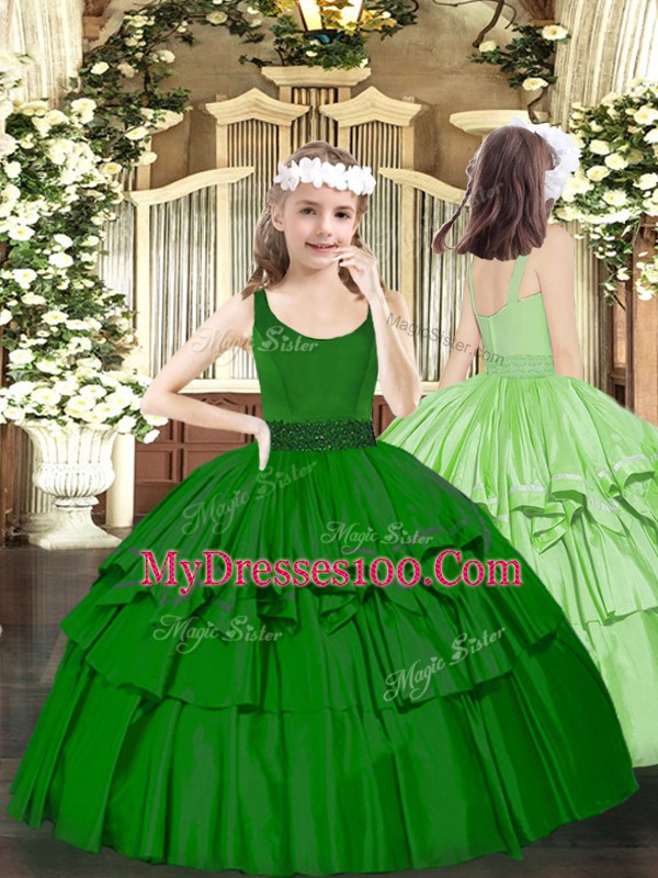 Attractive Dark Green Sleeveless Organza Zipper Little Girls Pageant Dress for Party and Quinceanera
