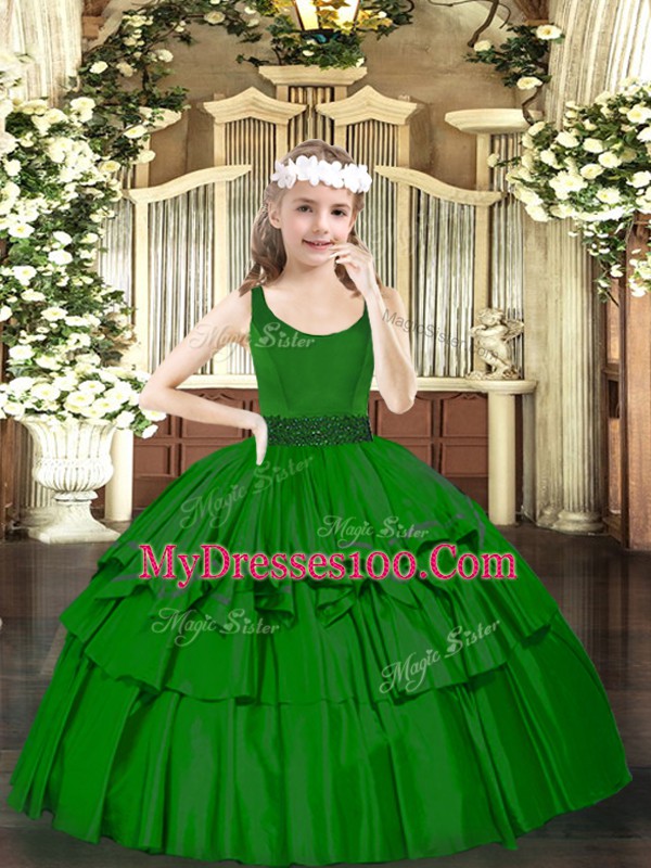 Attractive Dark Green Sleeveless Organza Zipper Little Girls Pageant Dress for Party and Quinceanera