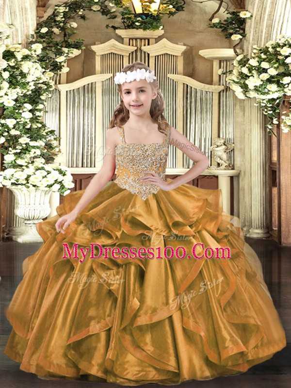 Floor Length Ball Gowns Sleeveless Brown Kids Pageant Dress Lace Up