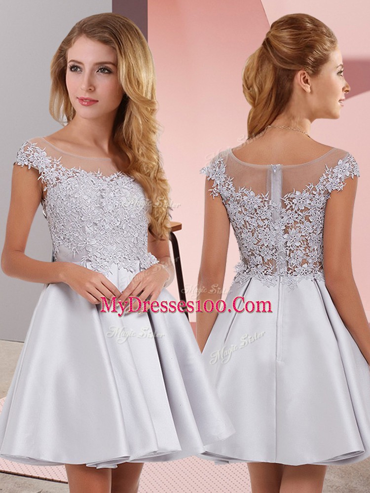 Discount Silver Sleeveless Mini Length Lace Zipper Bridesmaid Dress