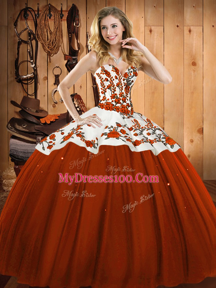 Sumptuous Rust Red Satin and Tulle Lace Up Sweetheart Sleeveless Floor Length Quinceanera Dresses Embroidery