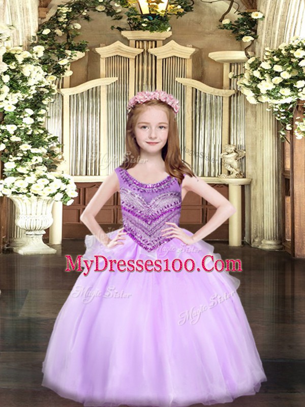 Lilac Lace Up Little Girls Pageant Dress Wholesale Beading Sleeveless Floor Length