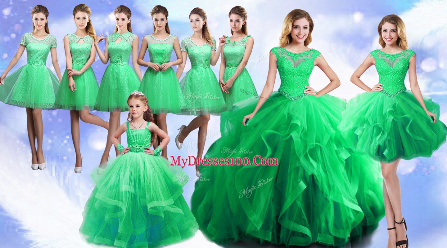 Fabulous Green Sleeveless Beading and Ruffles Floor Length Quinceanera Dress