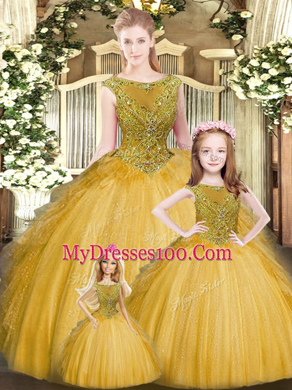 Gold Sleeveless Floor Length Beading and Ruffles Lace Up Sweet 16 Quinceanera Dress
