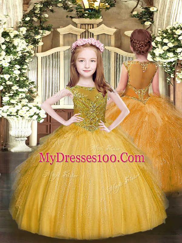 Gold Sleeveless Floor Length Beading and Ruffles Lace Up Sweet 16 Quinceanera Dress