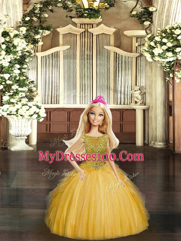 Gold Sleeveless Floor Length Beading and Ruffles Lace Up Sweet 16 Quinceanera Dress