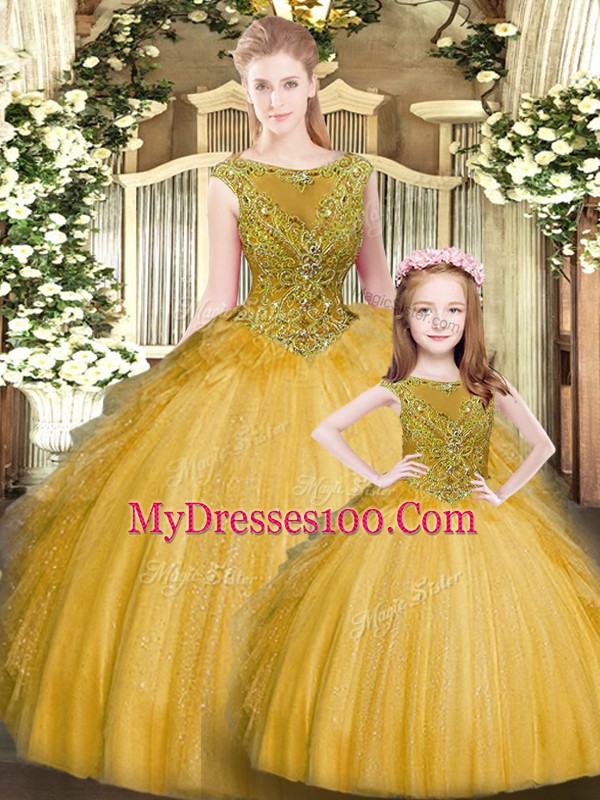 Gold Sleeveless Floor Length Beading and Ruffles Lace Up Sweet 16 Quinceanera Dress