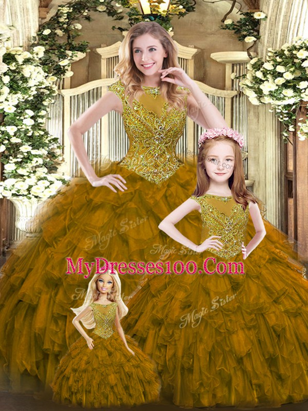 Scoop Sleeveless Quinceanera Gown Floor Length Beading and Ruffles Brown Organza