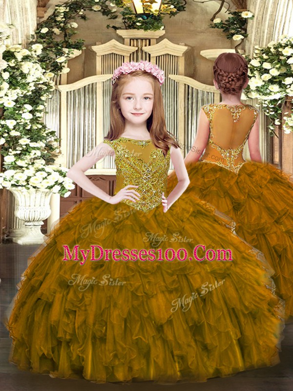 Scoop Sleeveless Quinceanera Gown Floor Length Beading and Ruffles Brown Organza