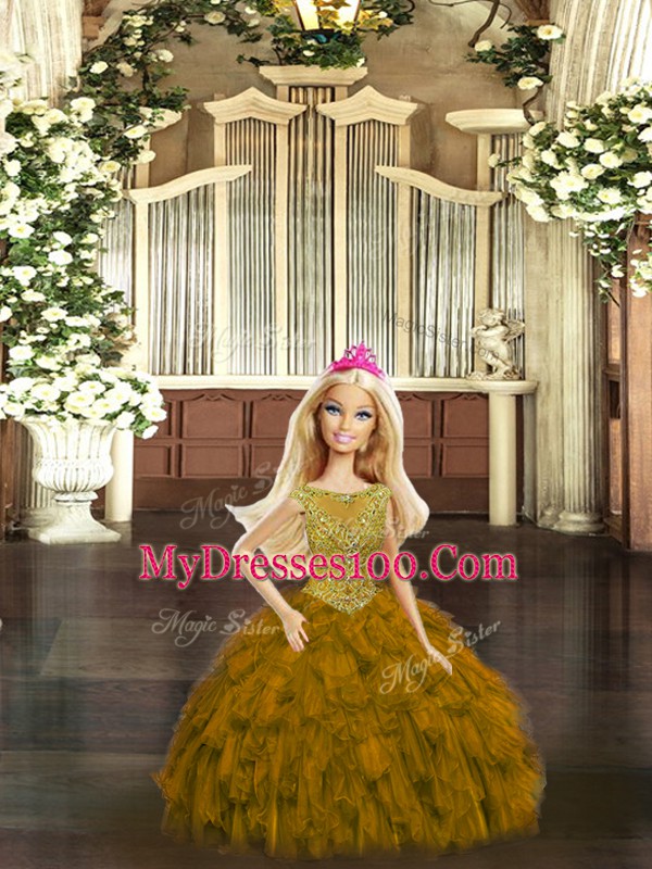 Scoop Sleeveless Quinceanera Gown Floor Length Beading and Ruffles Brown Organza