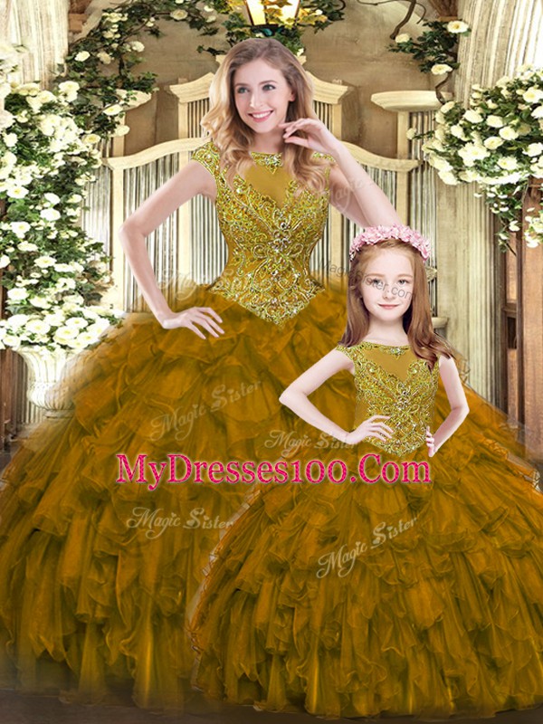 Scoop Sleeveless Quinceanera Gown Floor Length Beading and Ruffles Brown Organza