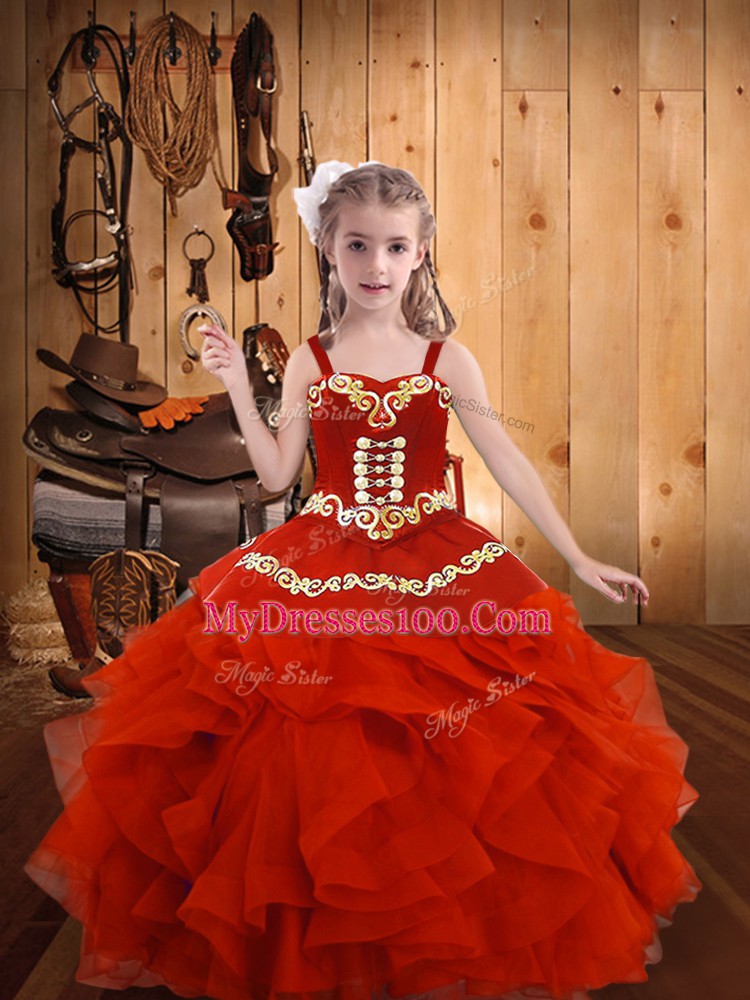 Floor Length Coral Red Little Girl Pageant Gowns Organza Sleeveless Embroidery and Ruffles