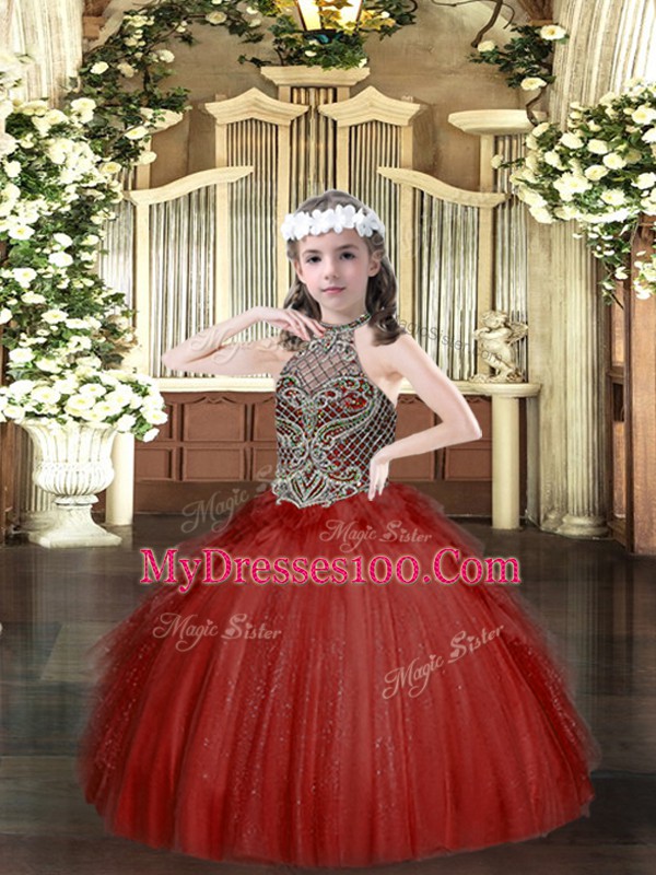 Wine Red Sleeveless Floor Length Beading and Ruffles Lace Up Pageant Dresses