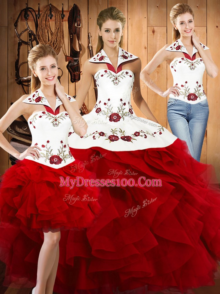 Wine Red Sleeveless Satin and Organza Lace Up Sweet 16 Dress for Military Ball and Sweet 16 and Quinceanera
