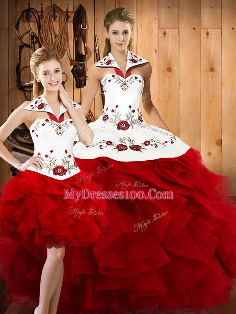 Wine Red Sleeveless Satin and Organza Lace Up Sweet 16 Dress for Military Ball and Sweet 16 and Quinceanera