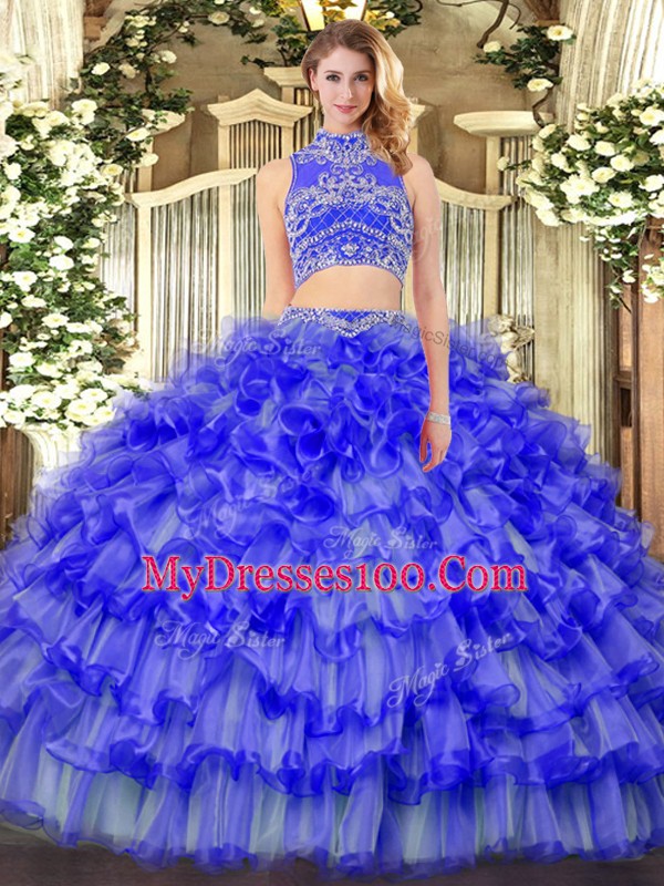 Graceful Blue Two Pieces High-neck Sleeveless Tulle Floor Length Backless Beading and Ruffled Layers Quinceanera Dresses
