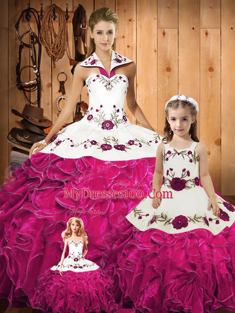 Admirable Floor Length Lace Up Vestidos de Quinceanera Fuchsia for Military Ball and Sweet 16 and Quinceanera with Embroidery and Ruffles