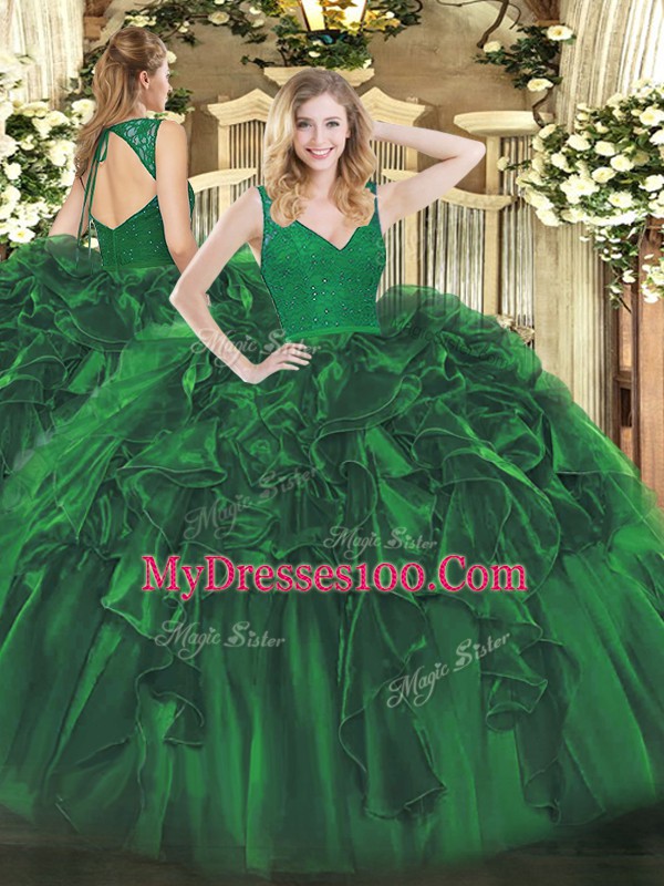 High Quality Dark Green Sleeveless Organza Backless Ball Gown Prom Dress for Military Ball and Sweet 16 and Quinceanera