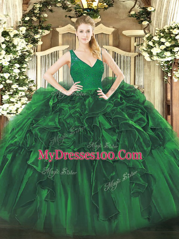 High Quality Dark Green Sleeveless Organza Backless Ball Gown Prom Dress for Military Ball and Sweet 16 and Quinceanera