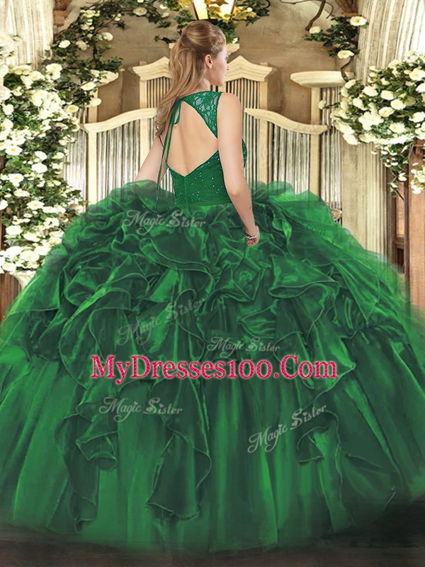 High Quality Dark Green Sleeveless Organza Backless Ball Gown Prom Dress for Military Ball and Sweet 16 and Quinceanera