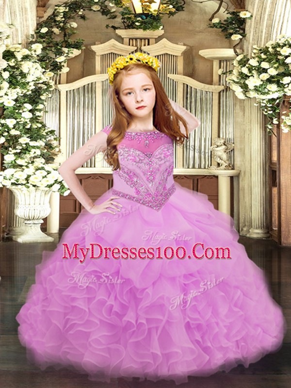 New Style Floor Length Lilac Pageant Gowns For Girls Organza Sleeveless Beading and Ruffles and Pick Ups