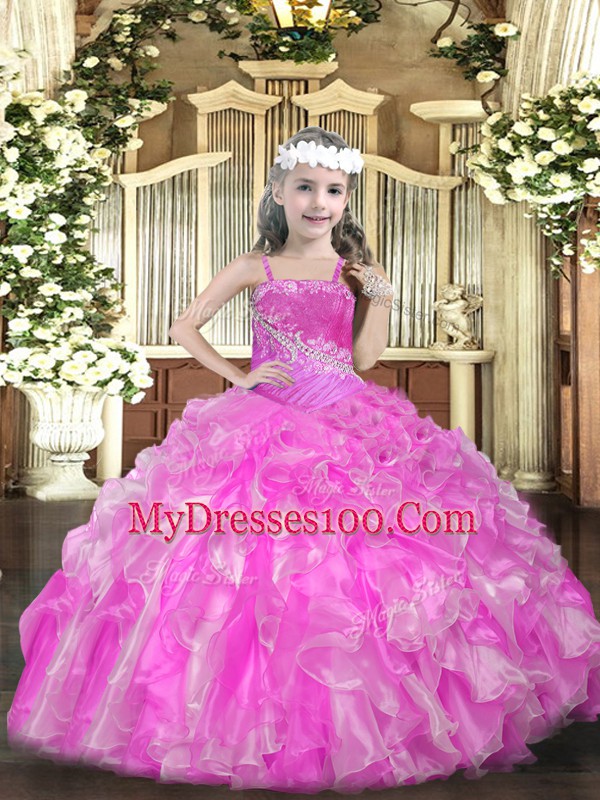 Straps Sleeveless Little Girls Pageant Dress Wholesale Floor Length Beading and Ruffles and Sequins Rose Pink Organza