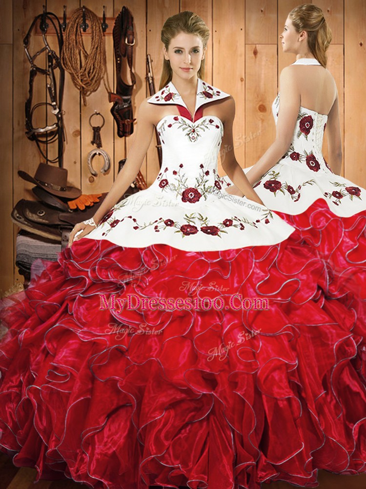Smart Wine Red Ball Gowns Halter Top Sleeveless Satin and Organza Floor Length Lace Up Embroidery and Ruffles Sweet 16 Dress