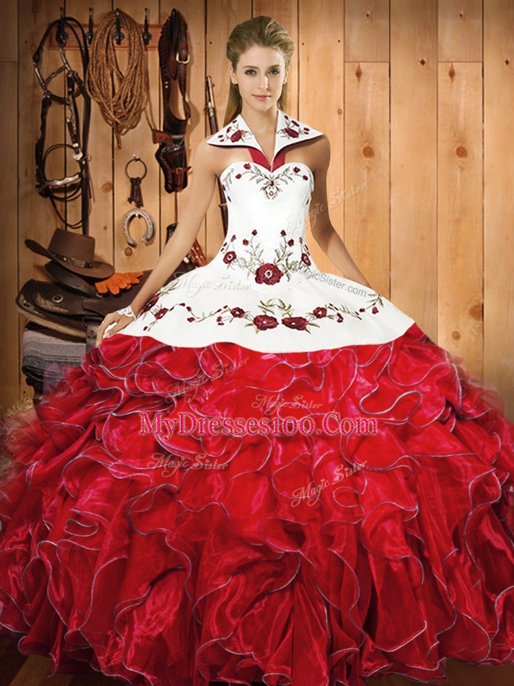 Smart Wine Red Ball Gowns Halter Top Sleeveless Satin and Organza Floor Length Lace Up Embroidery and Ruffles Sweet 16 Dress