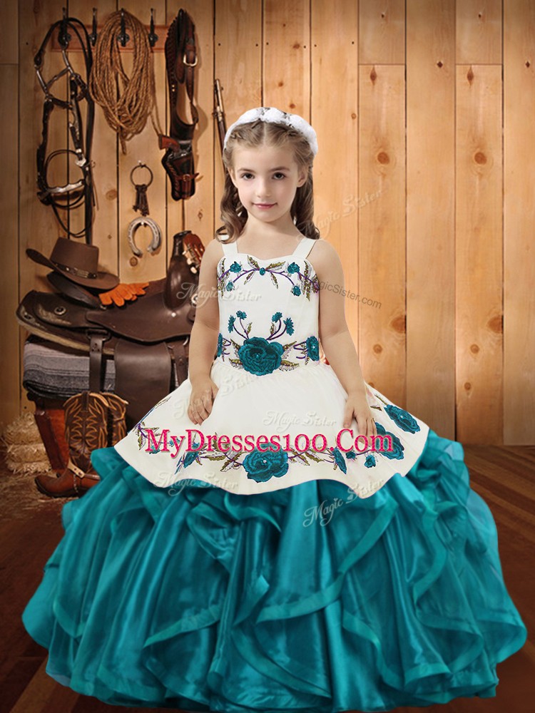 Gorgeous Floor Length Ball Gowns Sleeveless Teal Pageant Dress for Teens Lace Up