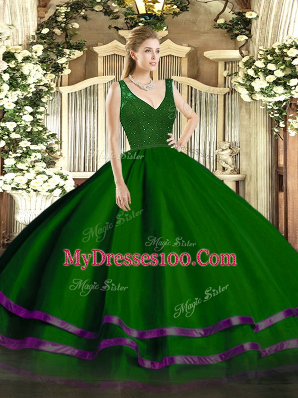 Customized Tulle Sleeveless Floor Length Quinceanera Dress and Beading and Ruffled Layers