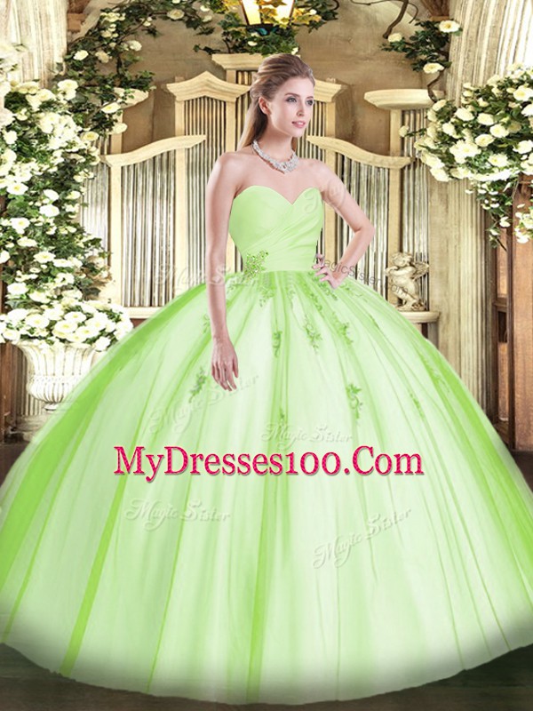 Cheap Beading and Appliques Sweet 16 Dresses Yellow Green Lace Up Sleeveless Floor Length