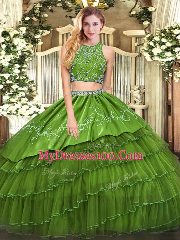 Glamorous Beading and Embroidery and Ruffled Layers Sweet 16 Dresses Olive Green Zipper Sleeveless Floor Length