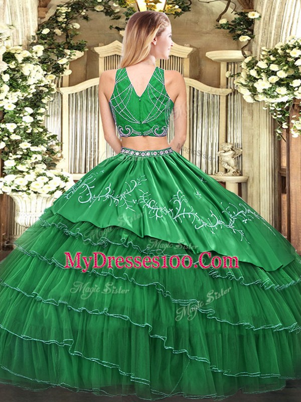 Glamorous Beading and Embroidery and Ruffled Layers Sweet 16 Dresses Olive Green Zipper Sleeveless Floor Length