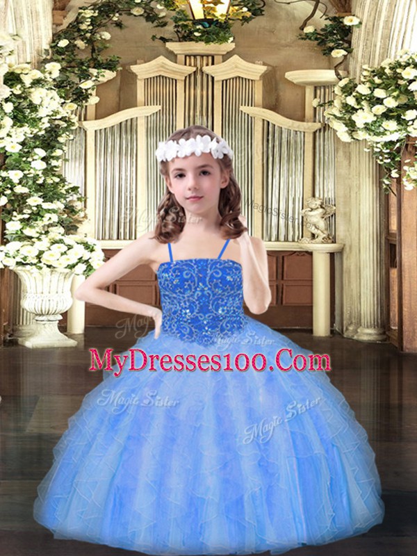 Unique Baby Blue Spaghetti Straps Lace Up Beading and Ruffles Pageant Gowns For Girls Sleeveless