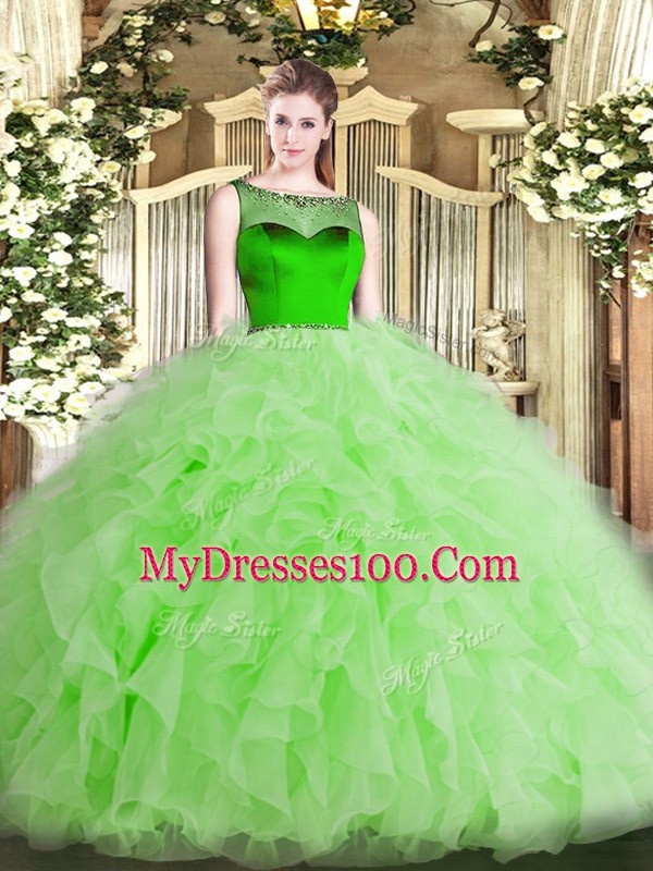 Organza Zipper Scoop Sleeveless Floor Length Ball Gown Prom Dress Beading and Ruffles