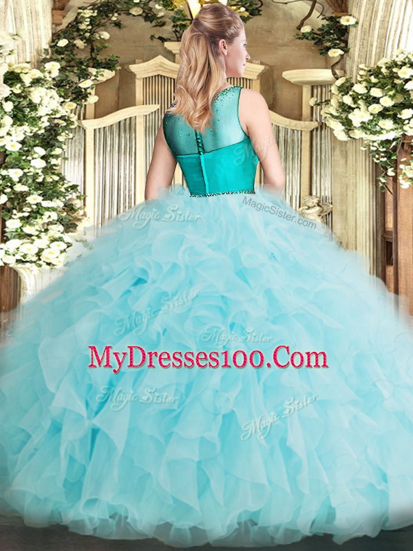 Organza Zipper Scoop Sleeveless Floor Length Ball Gown Prom Dress Beading and Ruffles