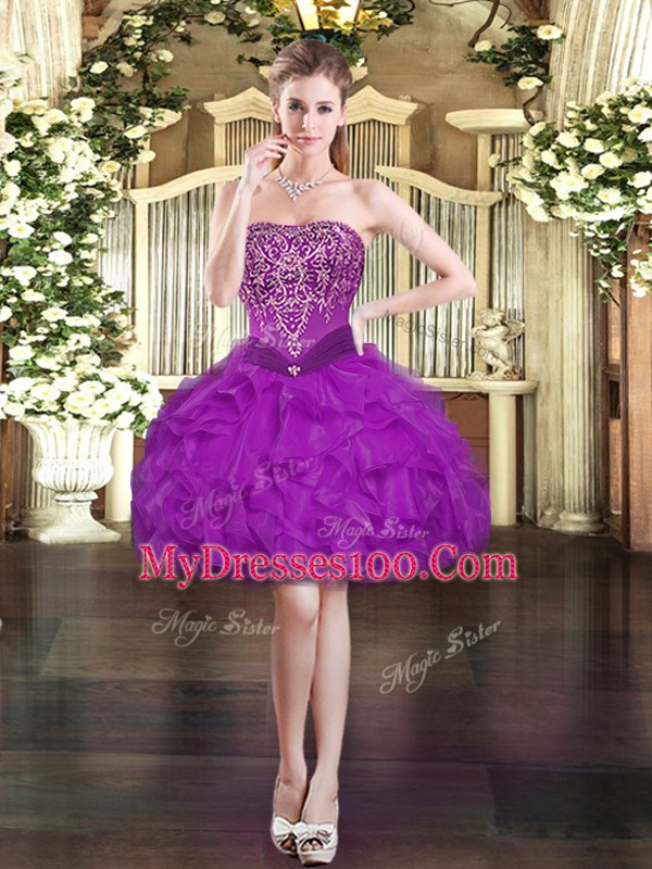 Purple Strapless Lace Up Beading and Ruffles Prom Homecoming Dress Sleeveless