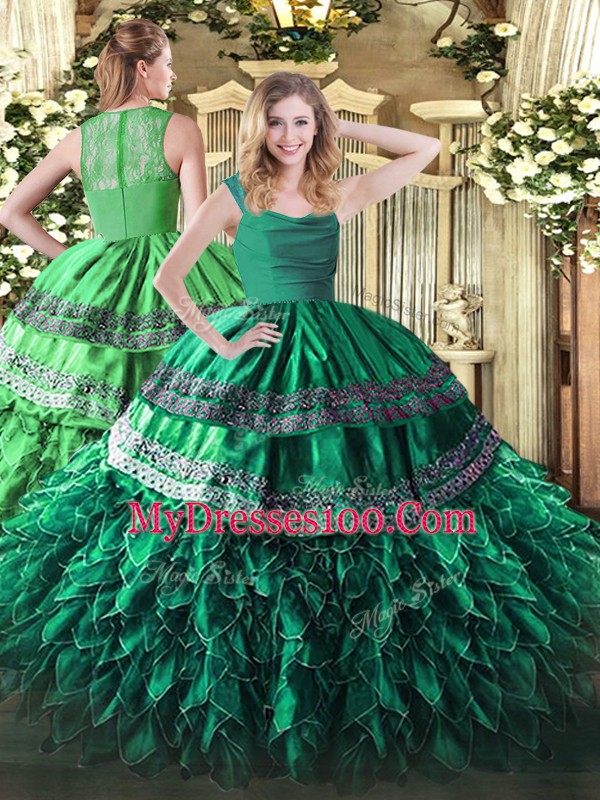 Hot Selling Turquoise Zipper Straps Appliques and Ruffles Ball Gown Prom Dress Organza Sleeveless